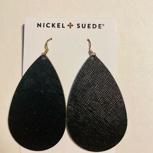 Nickel & Suede medium midnight shimmer tear drop leather earrings. NWT